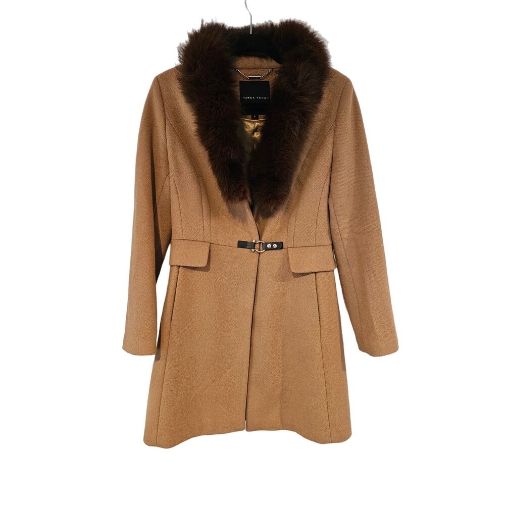 Ivanka Trump Wool Coat with Brown Fur Collar in Camel / Tan
